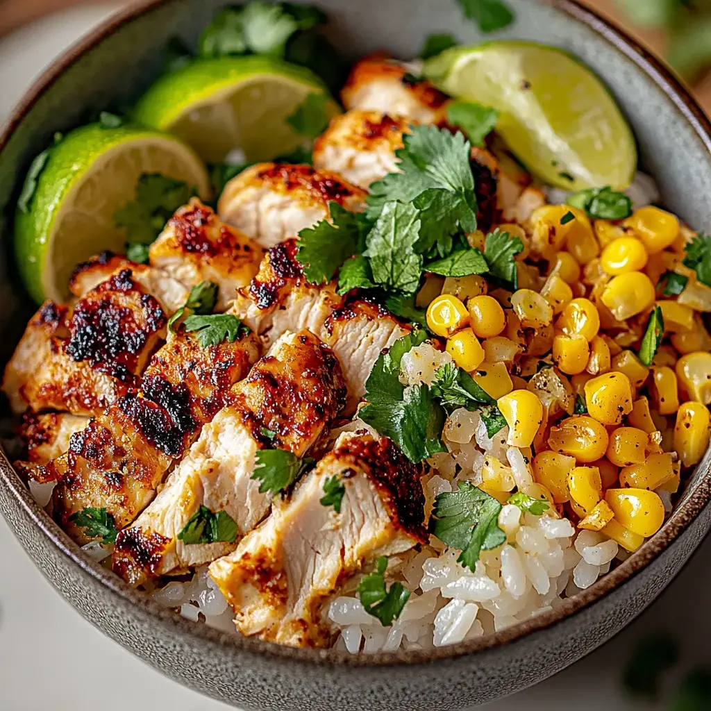 Un bol de riz garni de poulet grillé, maïs sucré, coriandre fraîche et quartiers de citron vert.