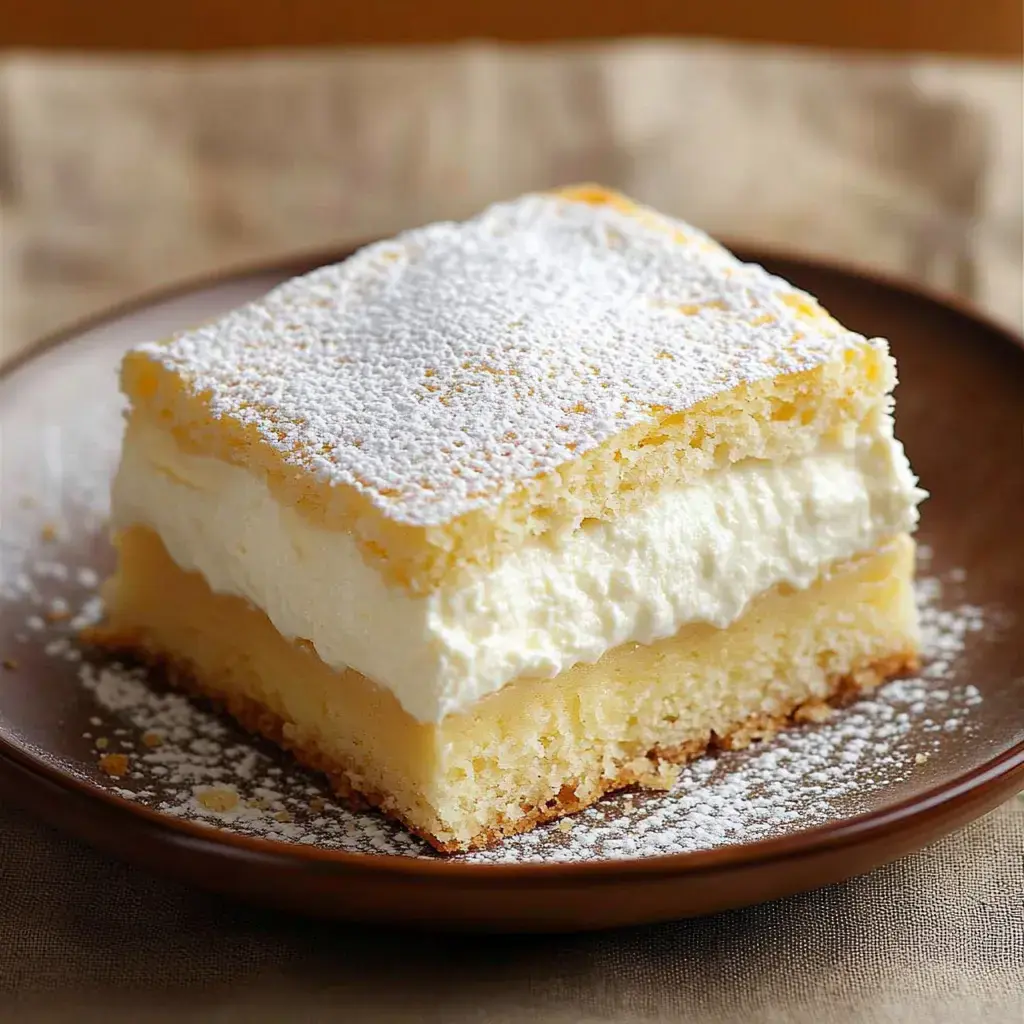 Une part de dessert en couches avec un biscuit léger saupoudré de sucre glace et une garniture crémeuse sur une assiette marron.