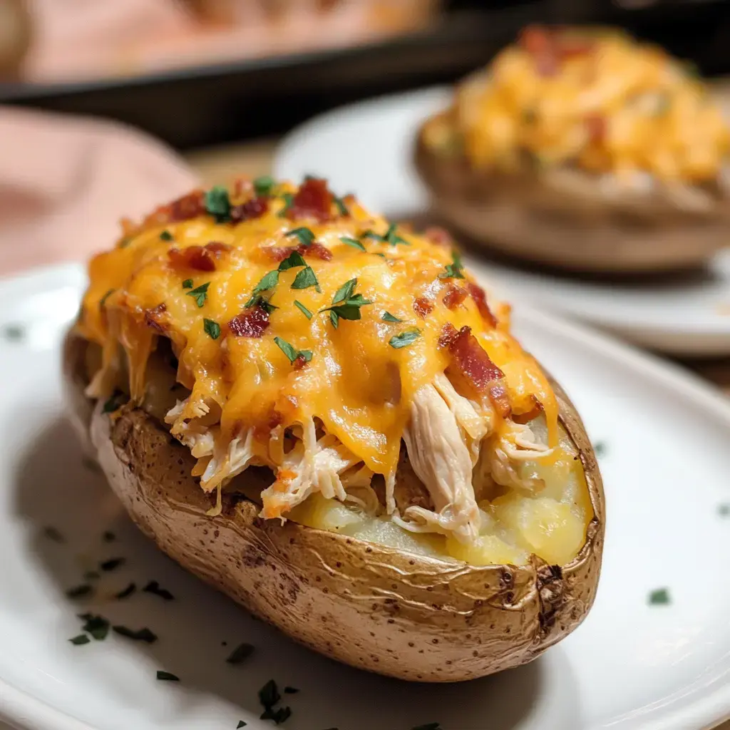 Une pomme de terre cuite au four garnie de poulet effiloché, cheddar fondu, bacon croustillant et persil frais.
