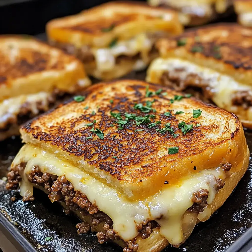 Un gros plan de sandwichs grillés avec du fromage fondu et une garniture de bœuf haché, décorés de persil haché.