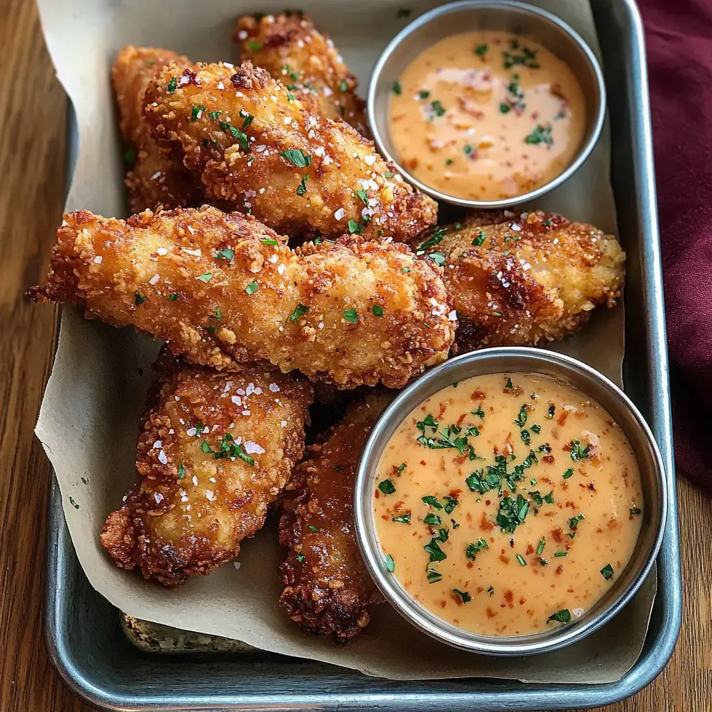 Un plateau de filets de poulet frits croustillants accompagné de deux petits bols de sauce, garni d'herbes hachées.