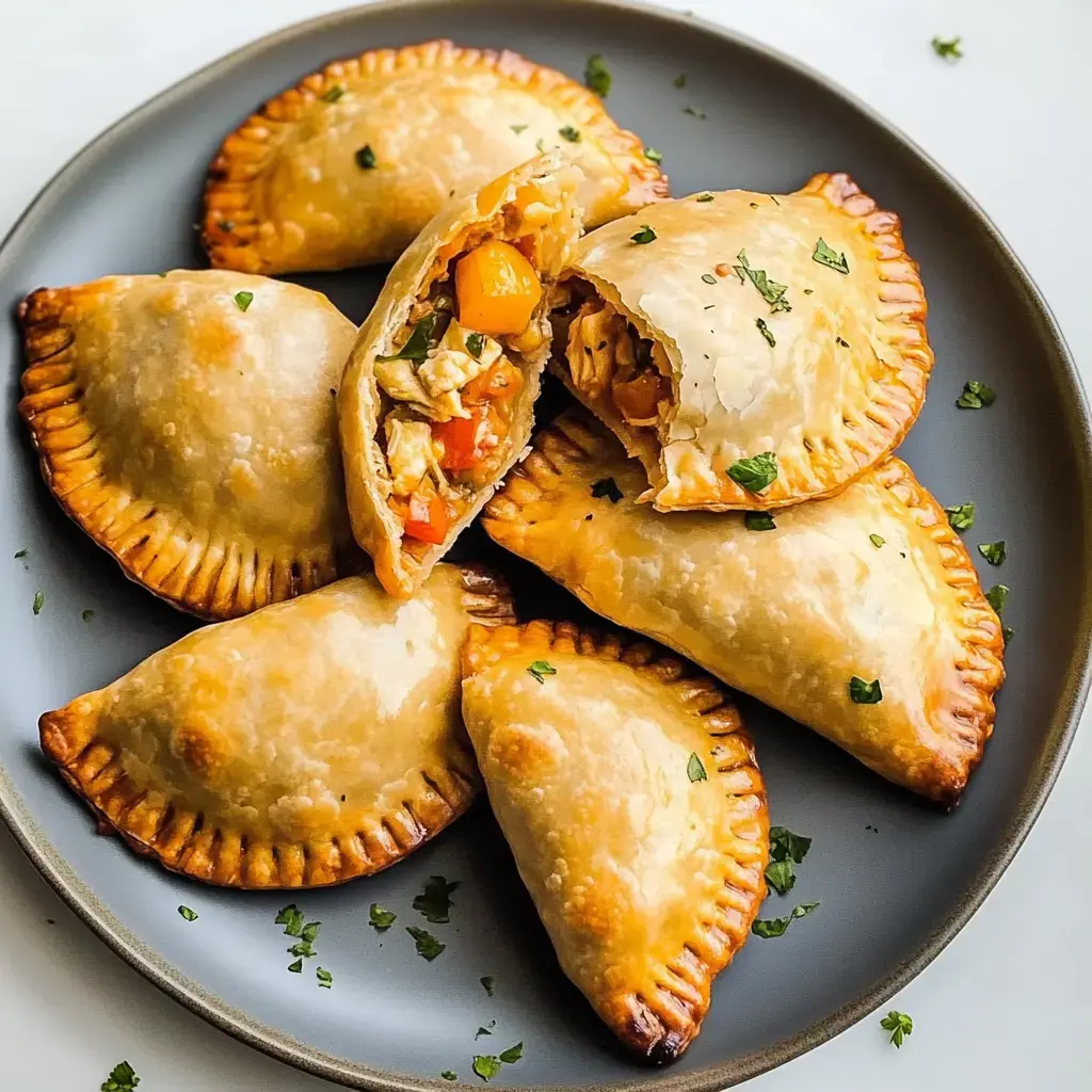Une assiette de chaussons dorés, certains entiers et un coupé pour révéler une farce de poulet, poivrons et oignons, garnie de persil.