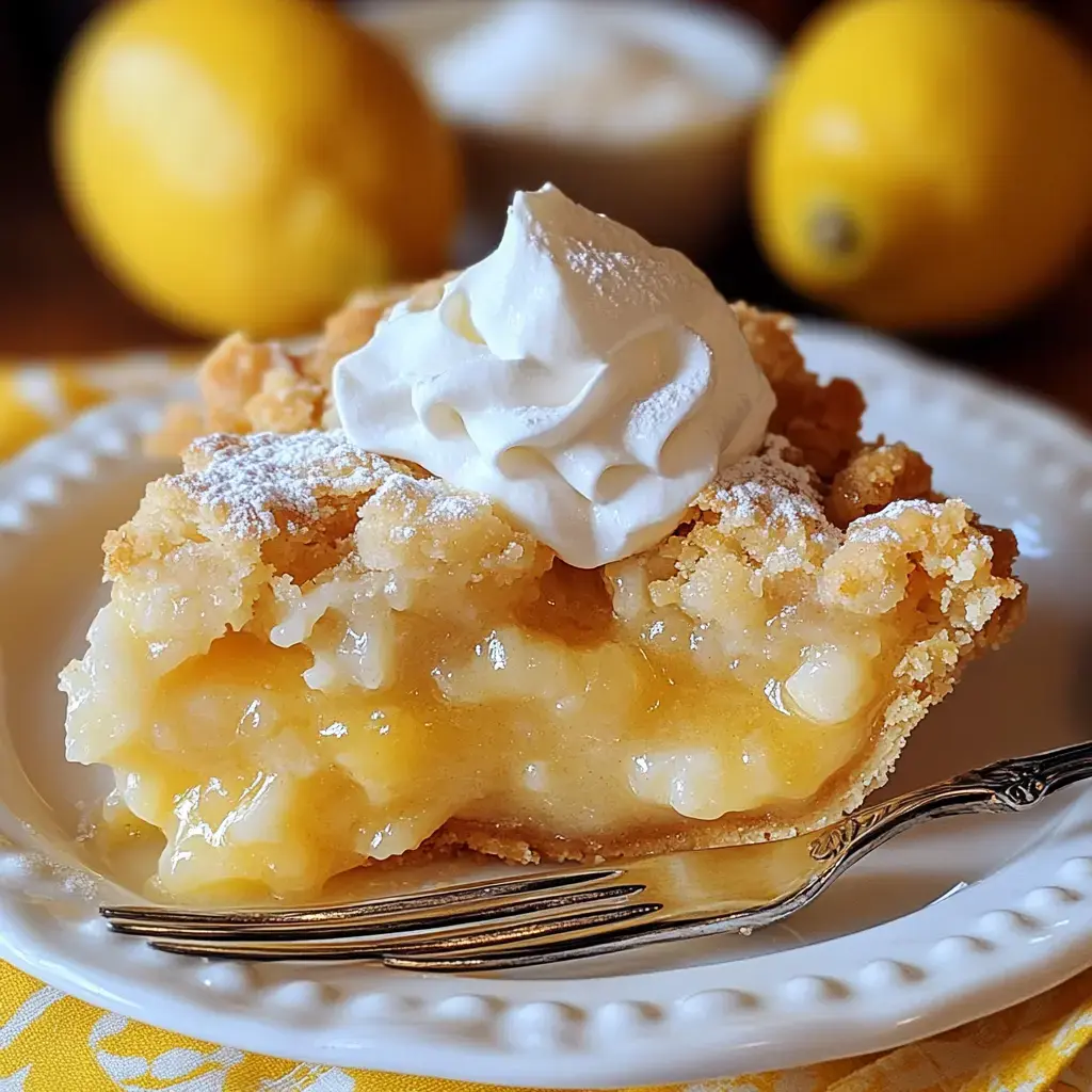 Une part de tarte au citron garnie de crème fouettée et de sucre glace, servie dans une assiette blanche avec une fourchette, et des citrons frais en arrière-plan.