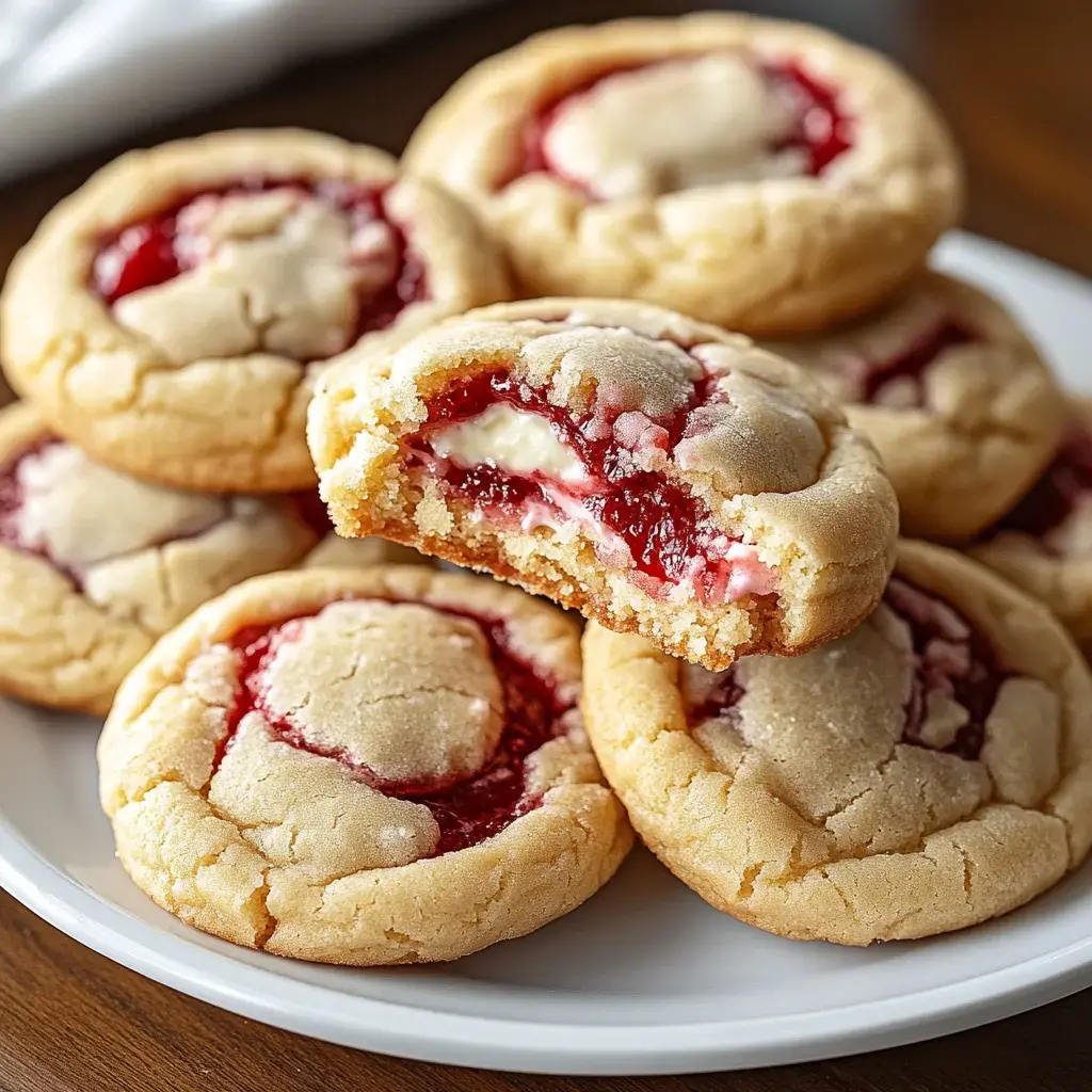 Une assiette de biscuits garnis de confiture de framboise et de fromage crémeux, avec un biscuit ouvert pour dévoiler l’intérieur.