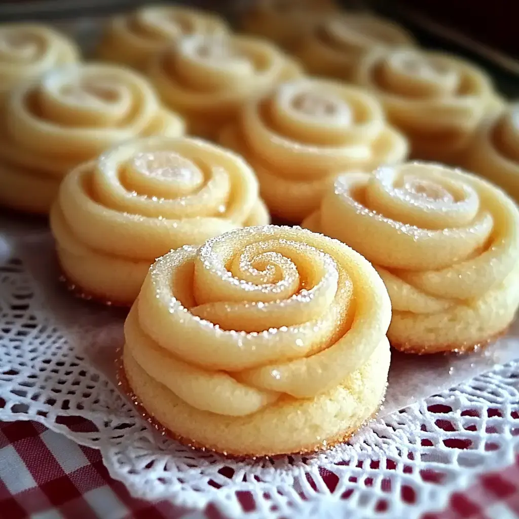 Gros plan de biscuits en forme de roses jaunes, disposés joliment sur une nappe en dentelle.