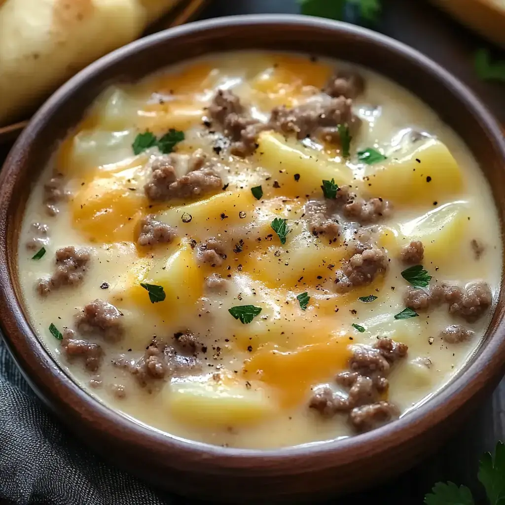 Un bol de soupe crémeuse aux pommes de terre garni de bœuf haché, fromage râpé et persil frais.
