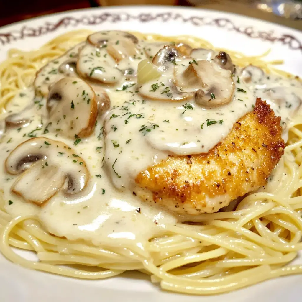 Une assiette de pâtes nappées de sauce crémeuse aux champignons surmontée d'un morceau de poulet doré.