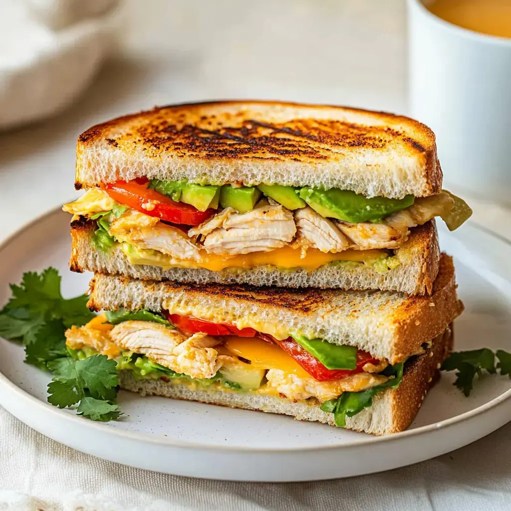 Un sandwich garni avec des couches de poulet grillé, fromage, avocat, laitue et poivrons, servi sur du pain grillé.