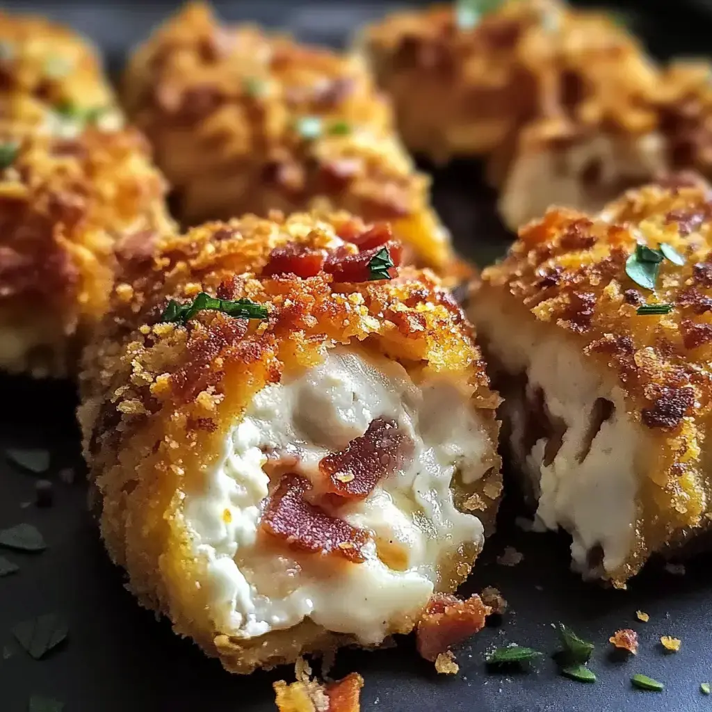 Gros plan sur des roulés croustillants, dorés, garnis de fromage crémeux et éclats de bacon, avec des herbes ciselées.