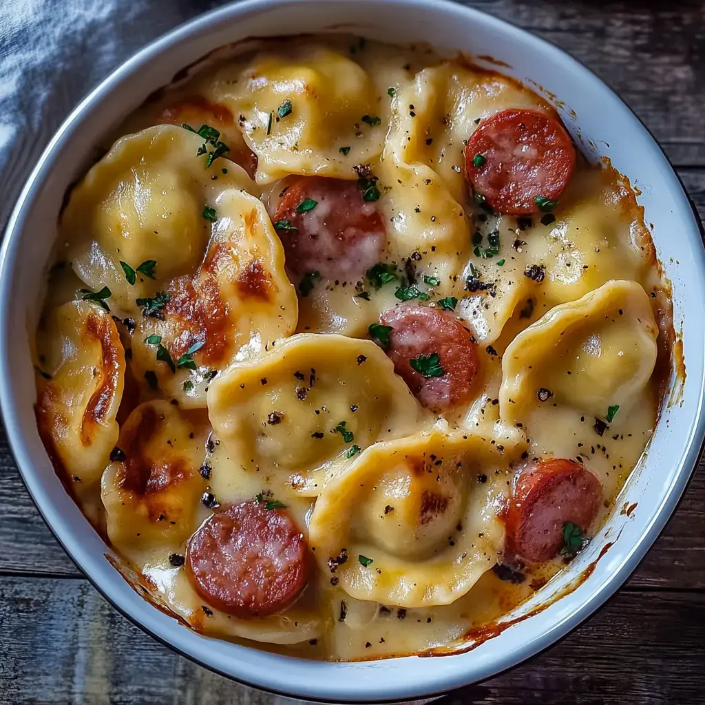 Un bol de raviolis au fromage cuits avec des morceaux de saucisse, décoré de persil.