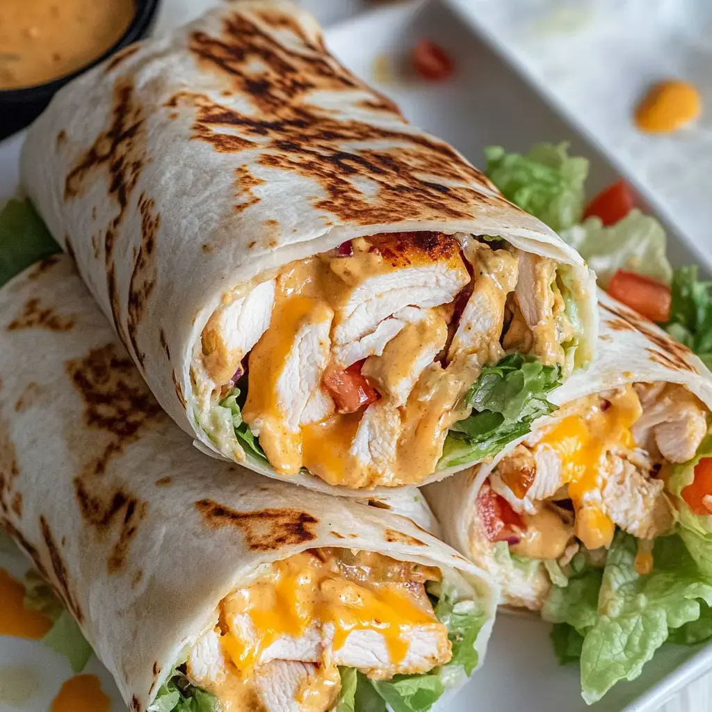 Gros plan sur trois wraps de poulet grillé garnis de laitue, tomate et fromage fondu, servis avec une sauce d'accompagnement.