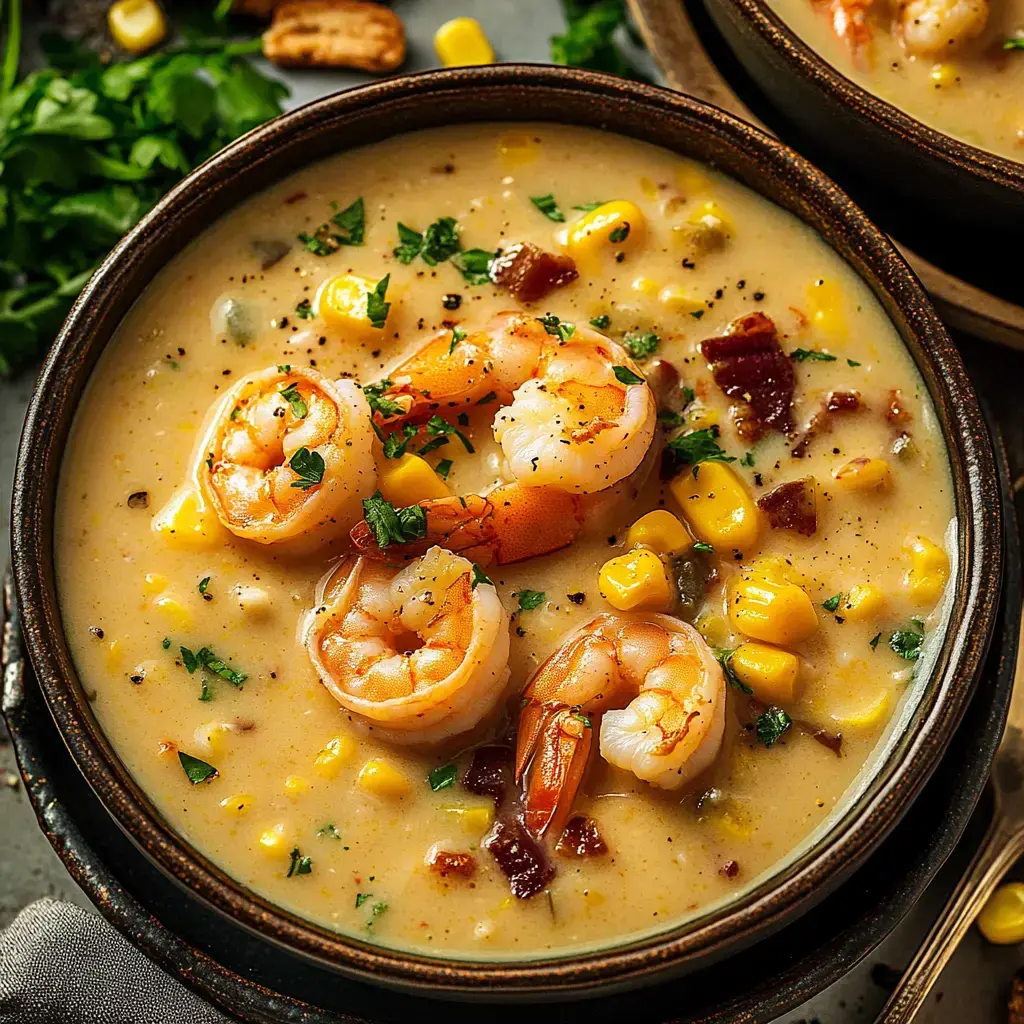 Un bol noir rempli d'une bisque crémeuse aux crevettes, maïs, et lardons, garnie de persil frais.