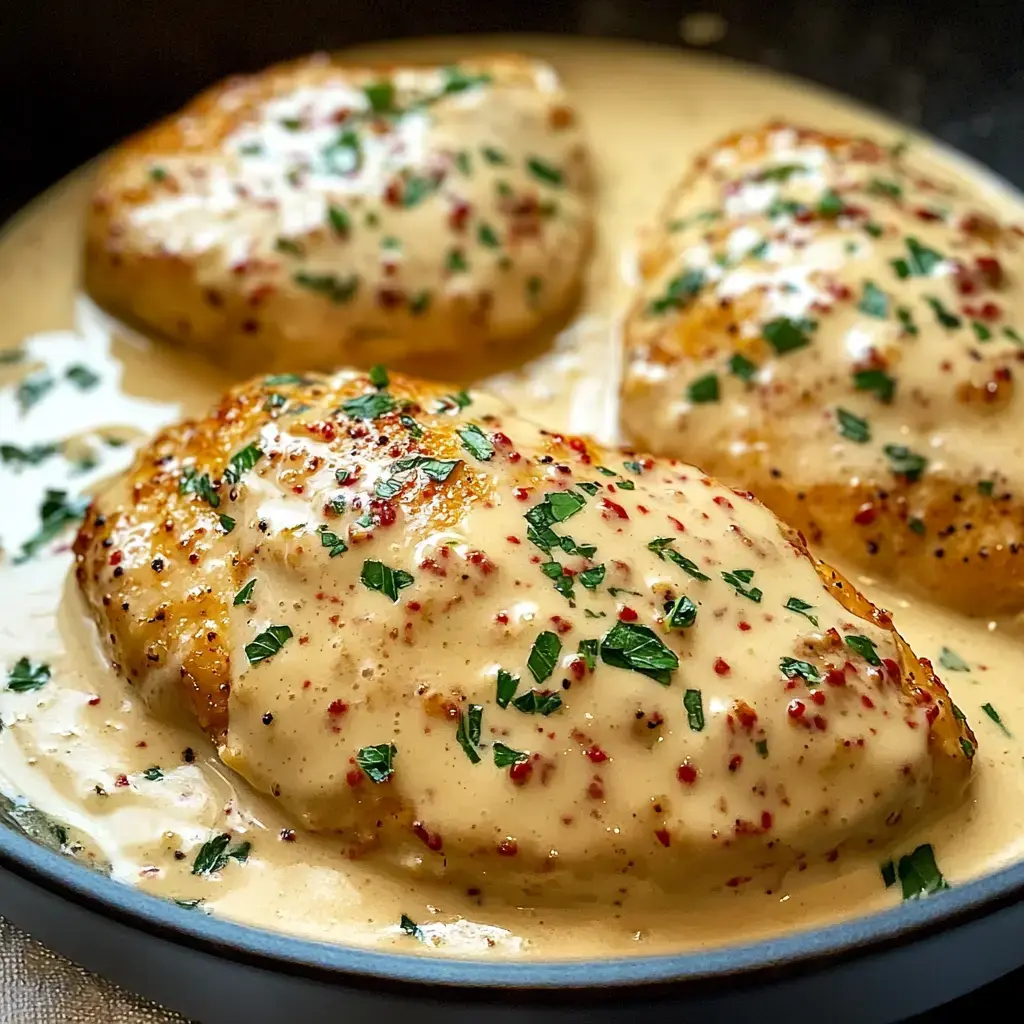 Zoom sur trois filets de poulet dorés dans une sauce onctueuse, garnis de persil et d'une touche de piment.