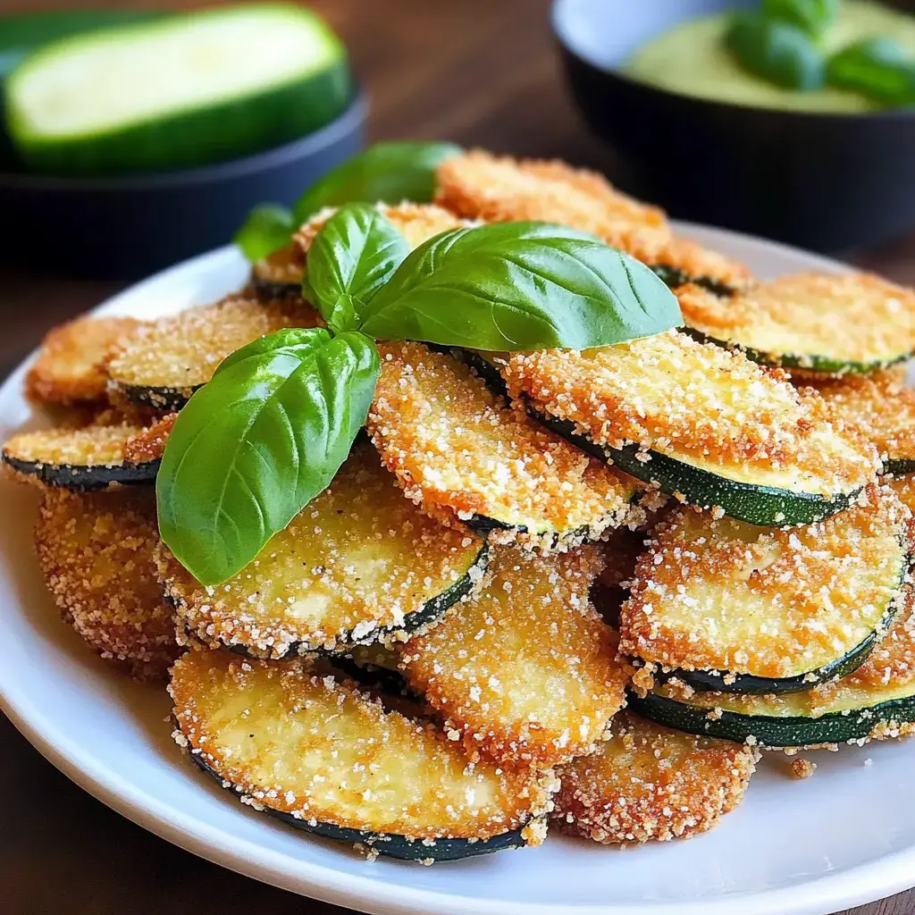 Une assiette de rondelles de courgettes panées dorées et croustillantes garnies de feuilles de basilic frais, avec des tranches de concombre et un bol de sauce en arrière-plan.