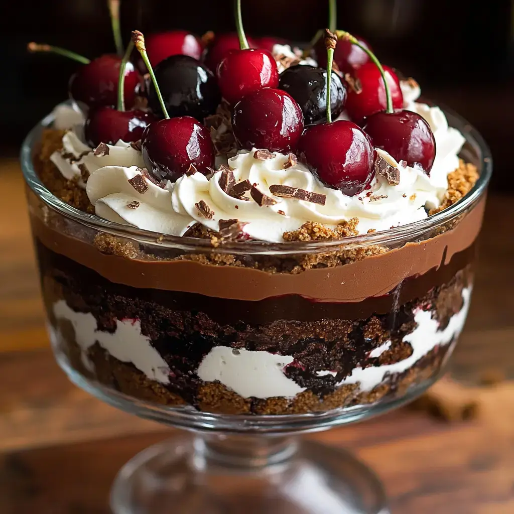Un saladier en verre avec des couches de chocolat, crème, cerises et copeaux de chocolat.
