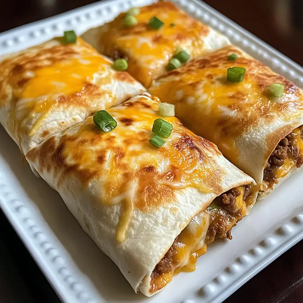 Une assiette avec quatre burritos dorés et fromage, garnis de ciboulette hachée.