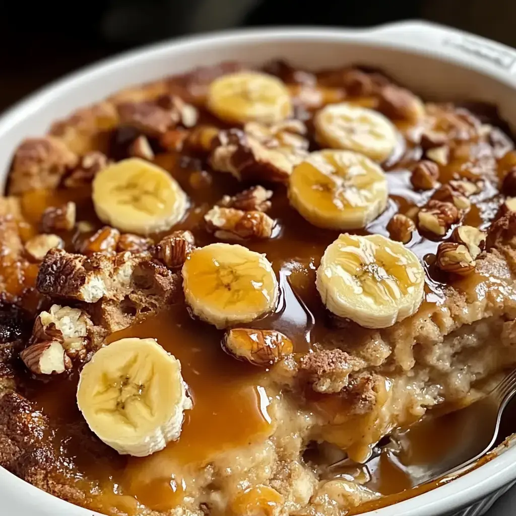 Gros plan d'un dessert cuit garni de tranches de bananes, de noix hachées et nappé de sauce caramel.