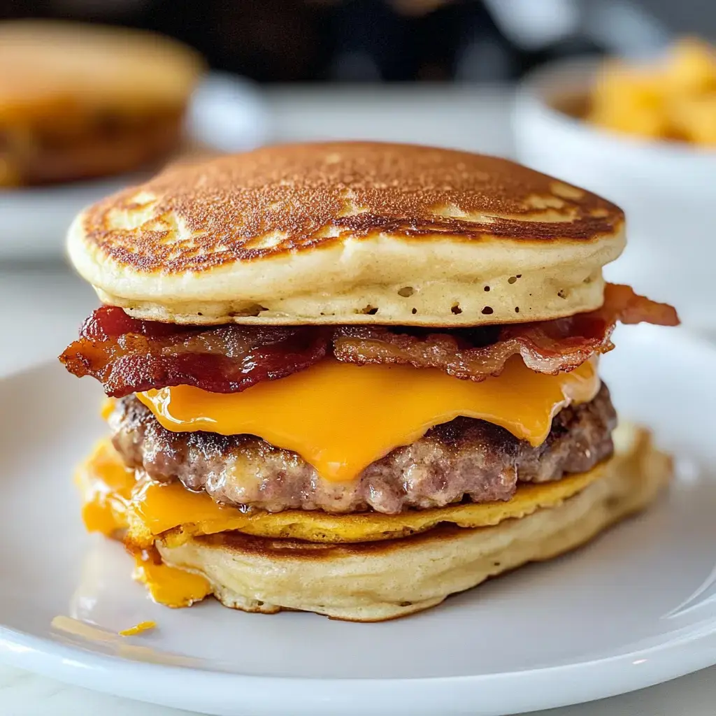 Gros plan sur un sandwich du matin gourmand avec pancakes, bacon, cheddar et galette de viande, servi dans une assiette blanche.