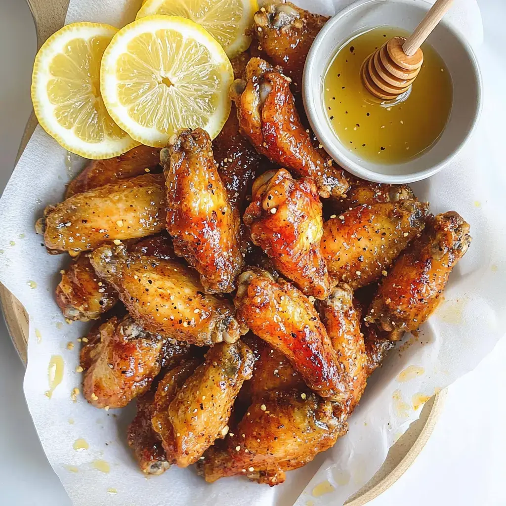 Un gros plan d'ailes de poulet croustillantes arrosées de miel, accompagnées de tranches de citron et d'un petit bol de miel avec une cuillère à miel.