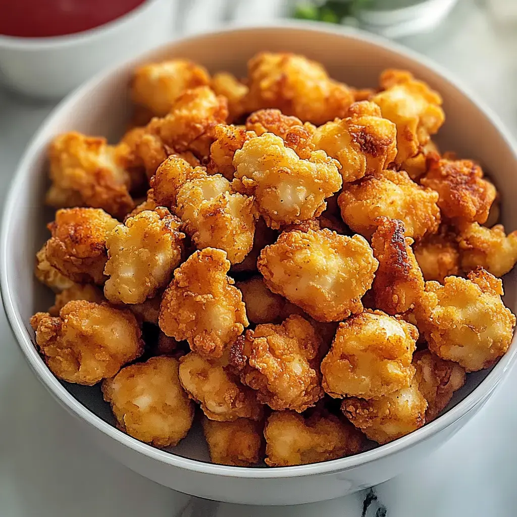 Gros plan sur un bol rempli de morceaux dorés et croustillants de poulet frit.