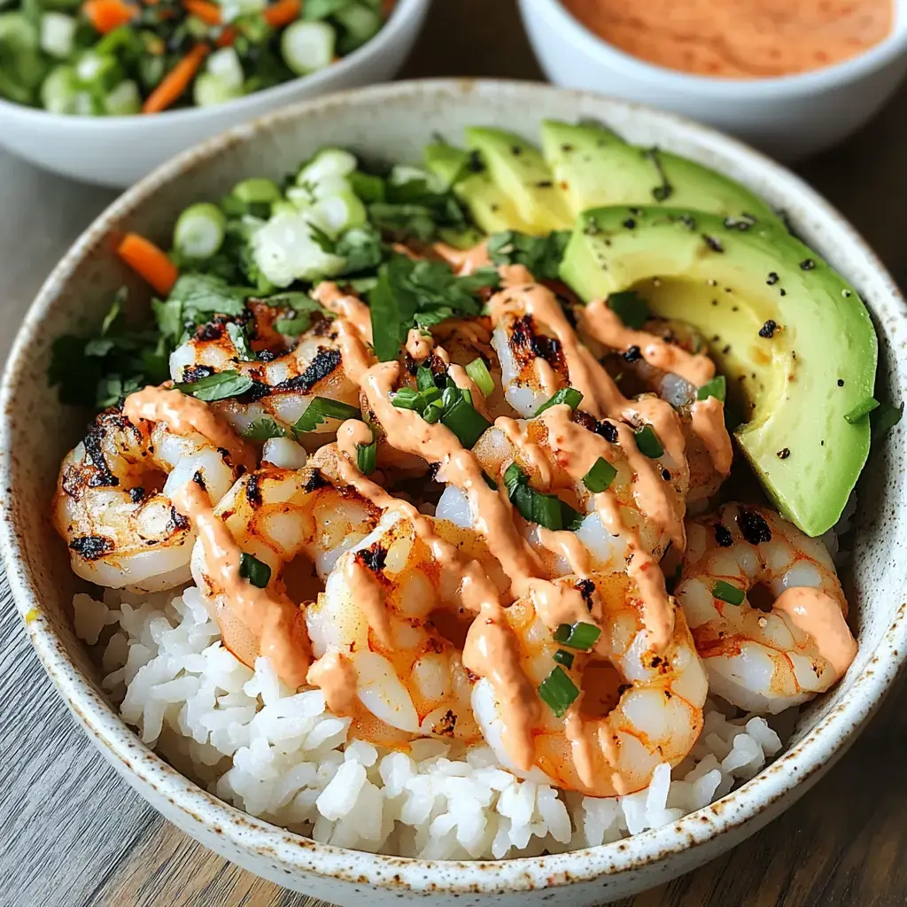 Un bol de riz blanc garni de crevettes grillées, tranches d'avocat, herbes fraîches et une sauce épicée.