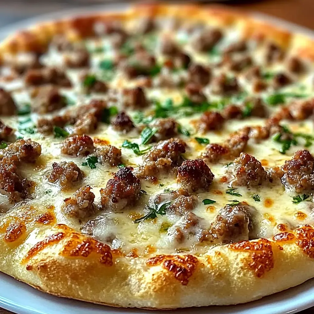 Vue rapprochée d'une pizza garnie de saucisse et d'herbes fraîches sur une pâte dorée.
