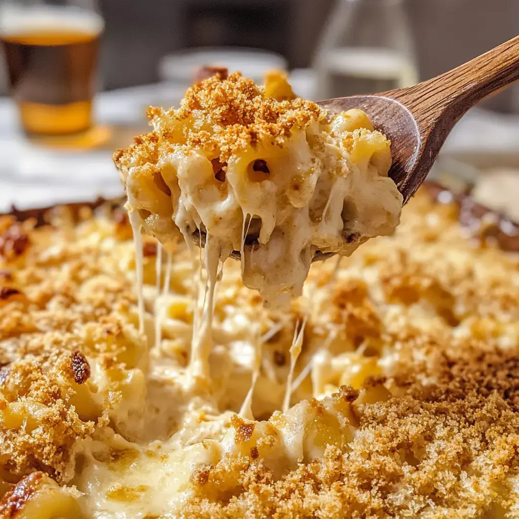 Une cuillère en bois soulève une portion de macaronis au fromage onctueux, recouverts de chapelure dorée, avec des fils de fromage qui s'étirent du plat.