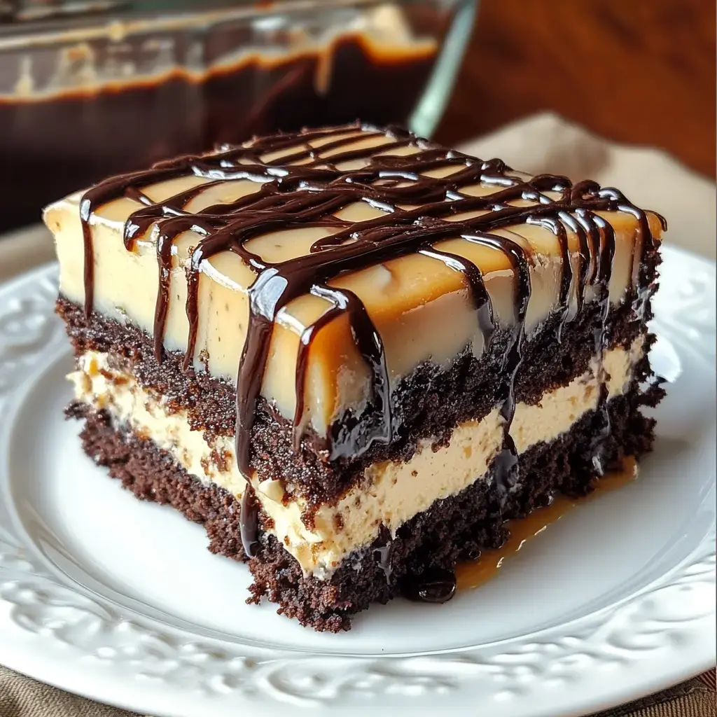 Une part de gâteau au chocolat avec garniture crémeuse, nappée d'un filet brillant de caramel et chocolat, posée sur une assiette blanche décorative.