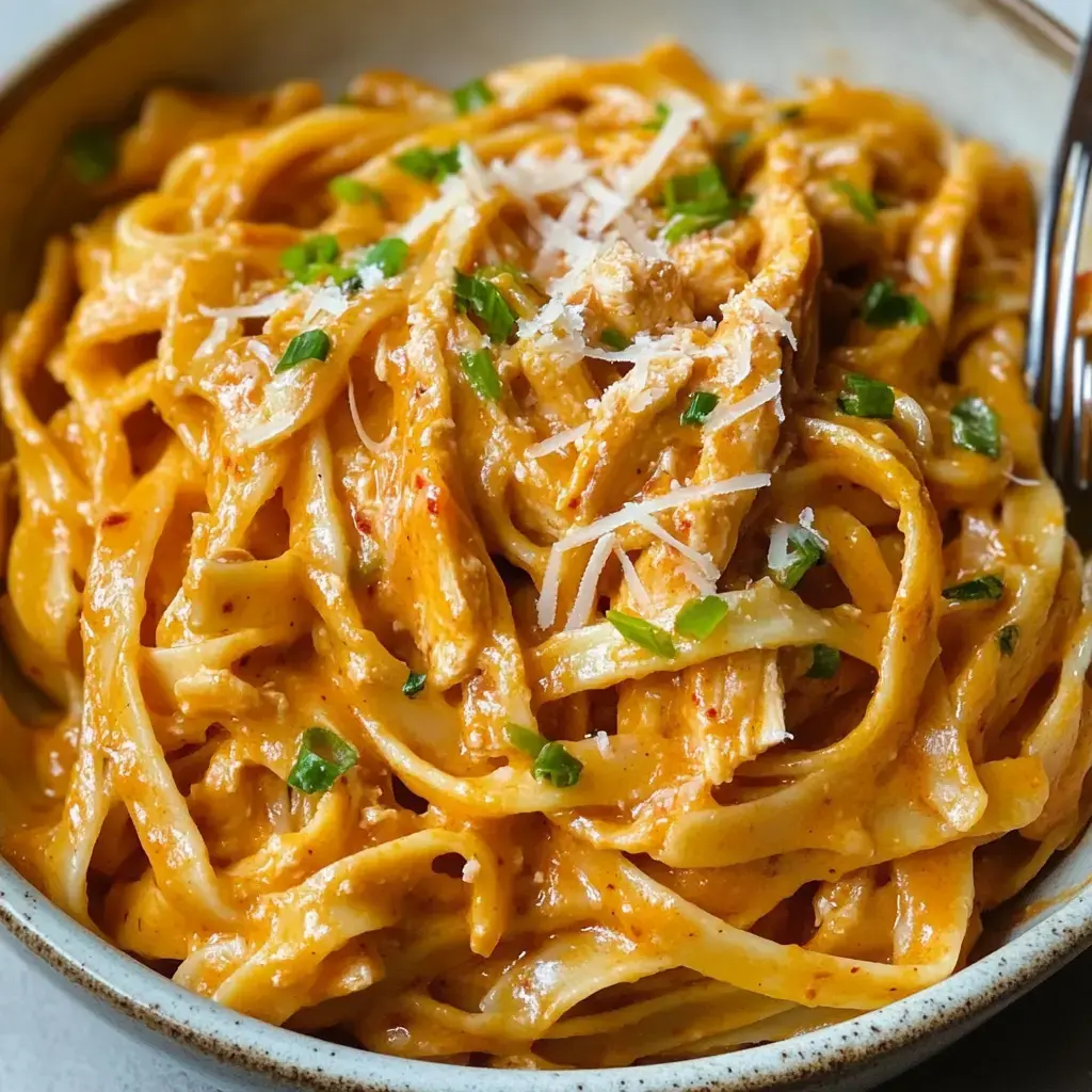 Un gros plan de pâtes fettuccine crémeuses garnies de poulet émincé, d'oignons verts et de parmesan râpé dans un bol.