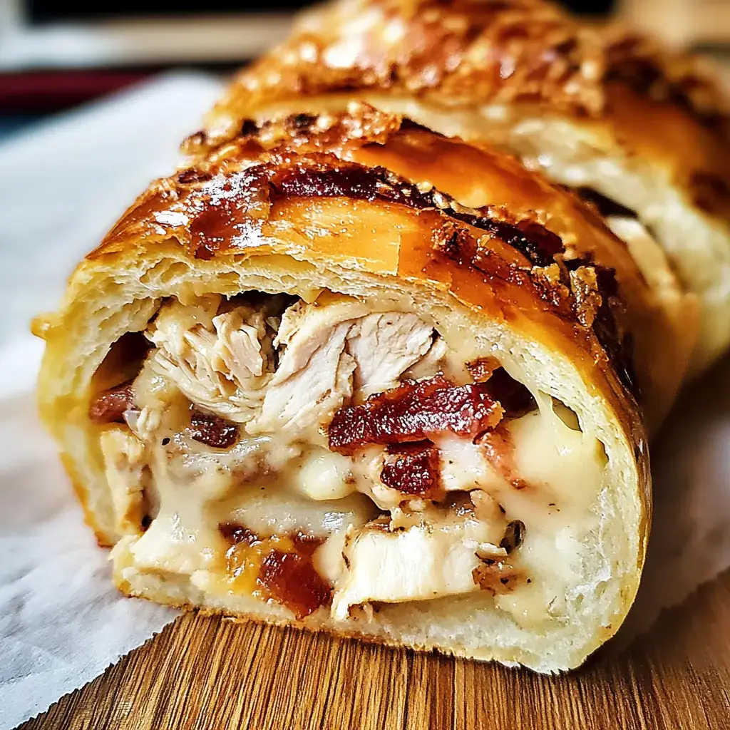 Un gros plan d'un roulé doré rempli de poulet, bacon et fromage, montrant sa pâte croustillante et sa garniture savoureuse.