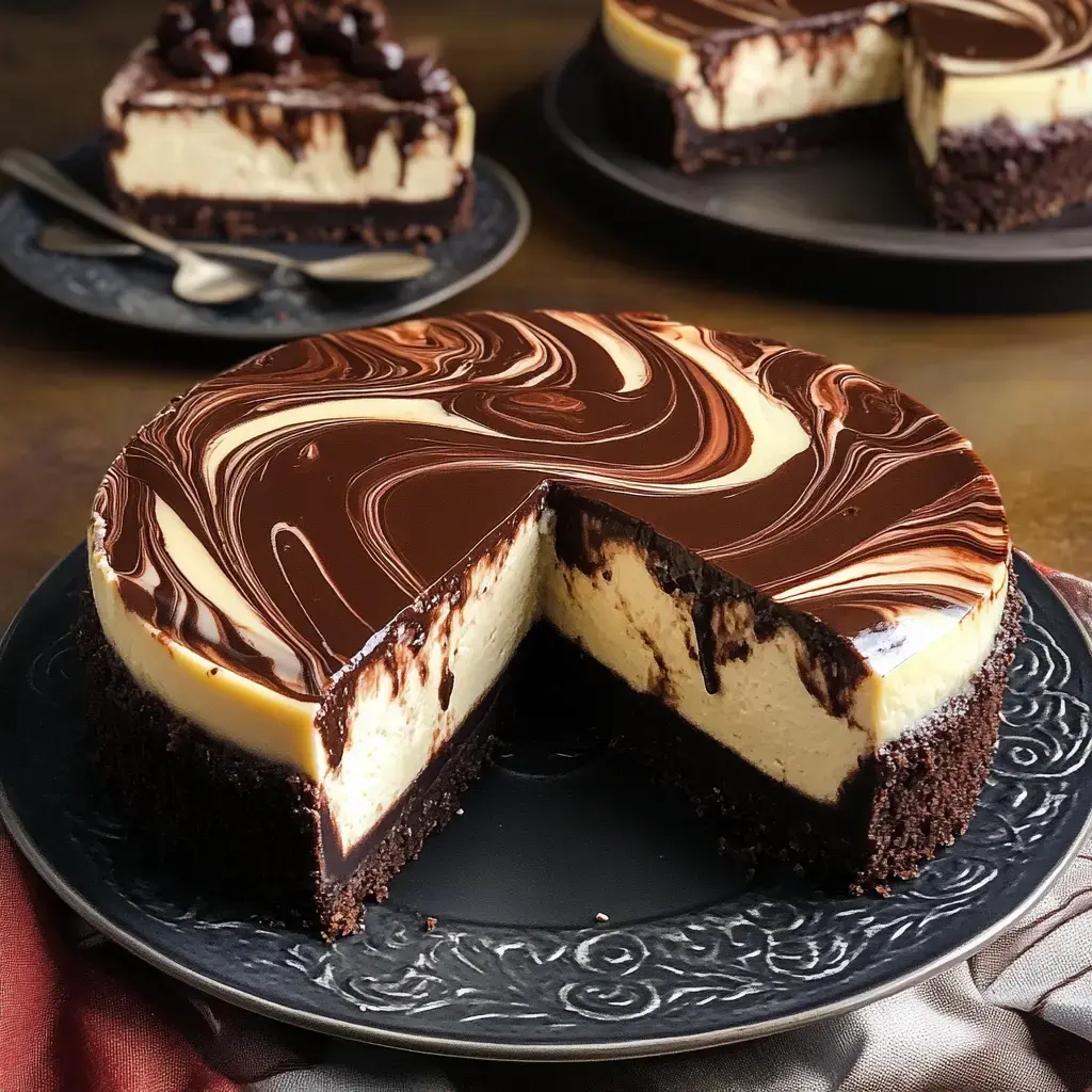 Un gâteau fromage riche et multicouche avec un tourbillon chocolaté, partiellement coupé, posé sur une assiette décorative.