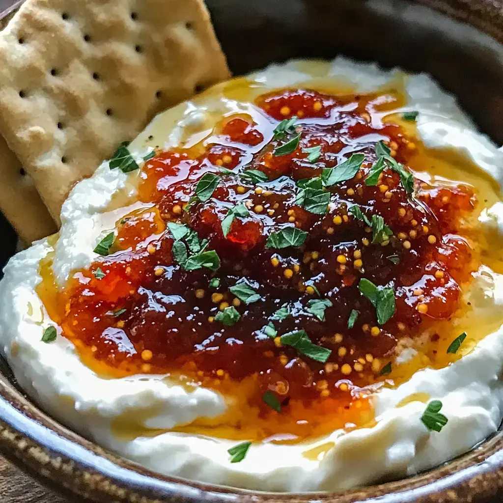 Un bol de fromage crémeux nappé d’une sauce sucrée-épicée et garni d’herbes hachées, accompagné de crackers.
