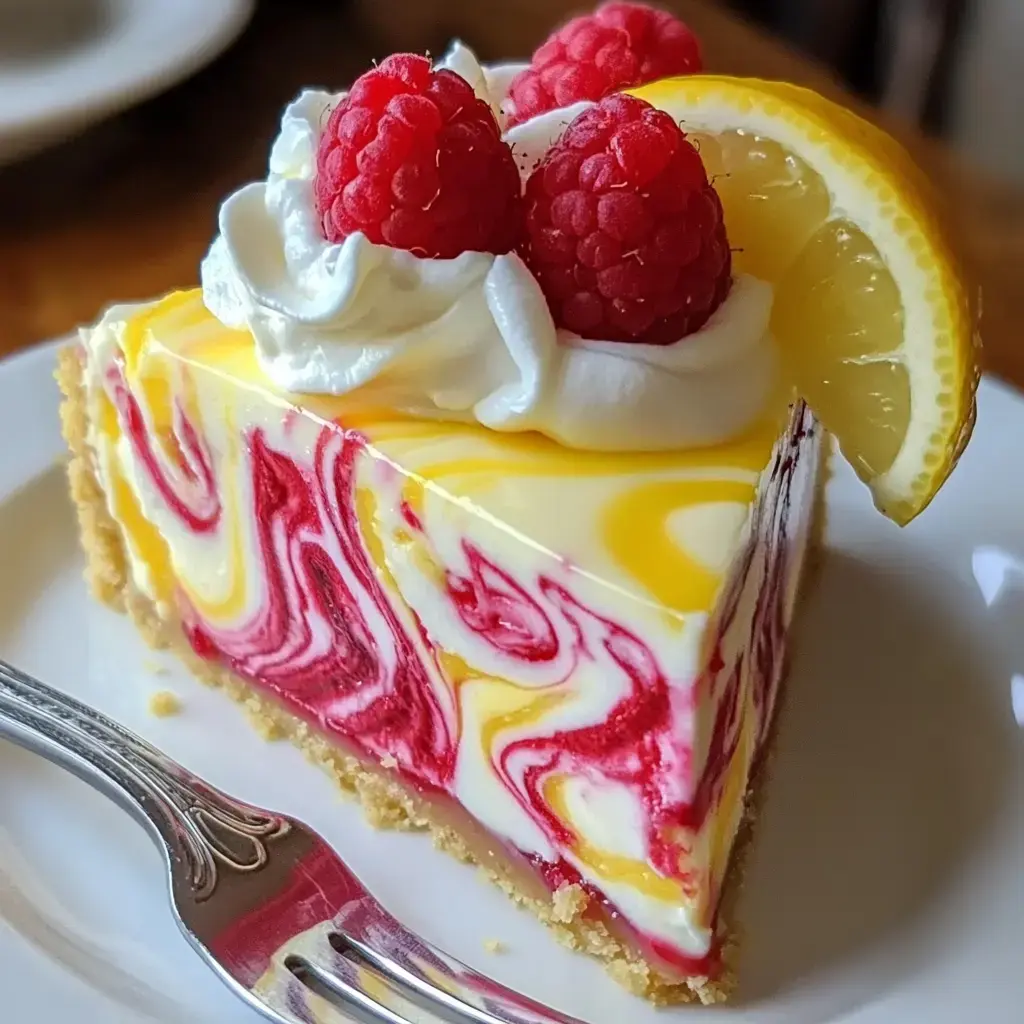 Une part de cheesecake marbré framboises et citron garnie de crème fouettée, framboises fraîches et quartier de citron sur une assiette.