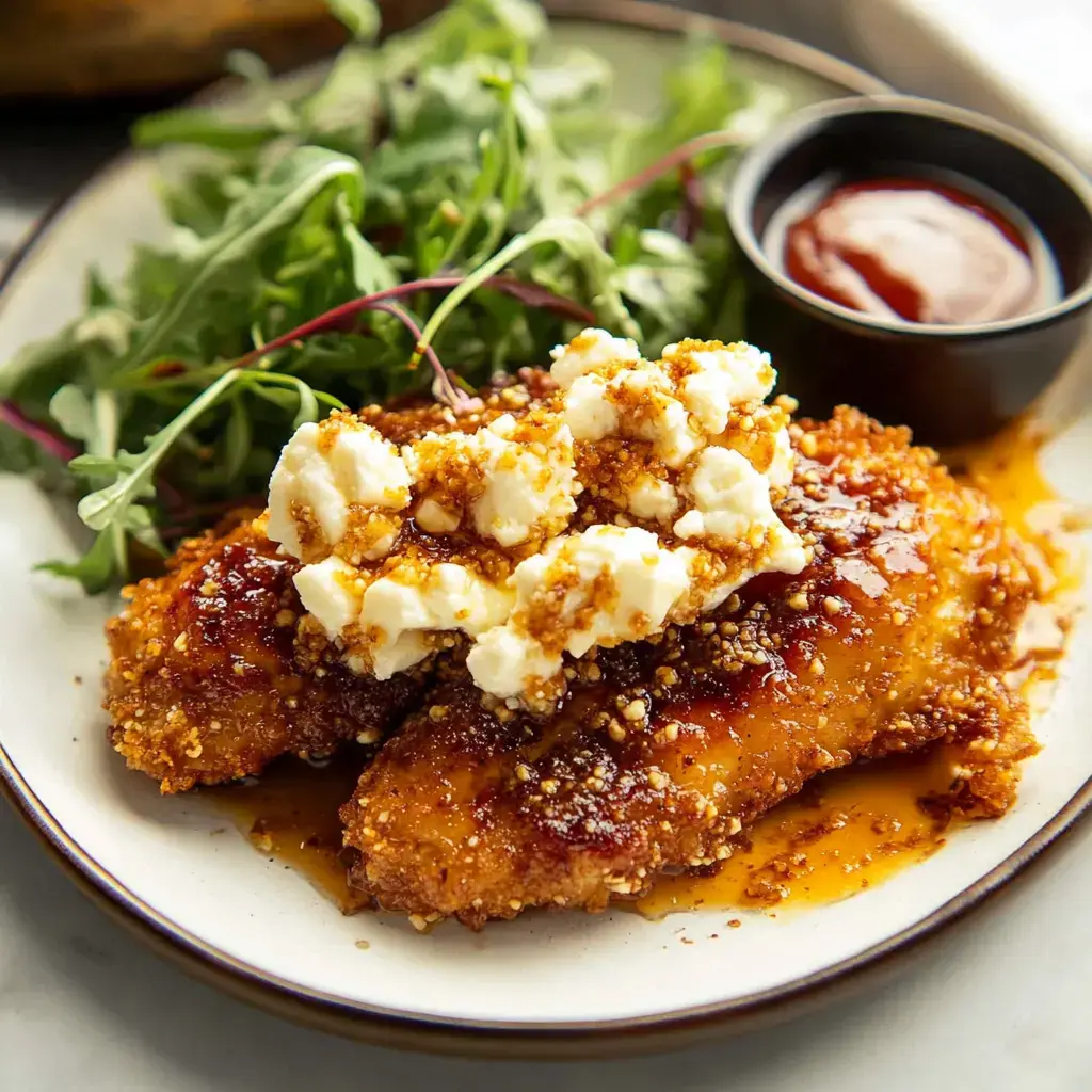 Une assiette présentant deux morceaux de poulet frit garnis d'un mélange émietté et servis avec une salade fraîche et un petit bol de sauce.