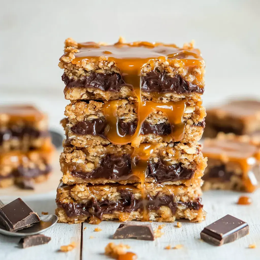 Une pile de barres dessert garnies de chocolat et nappées de caramel, accompagnées de morceaux de chocolat sur une surface en bois.