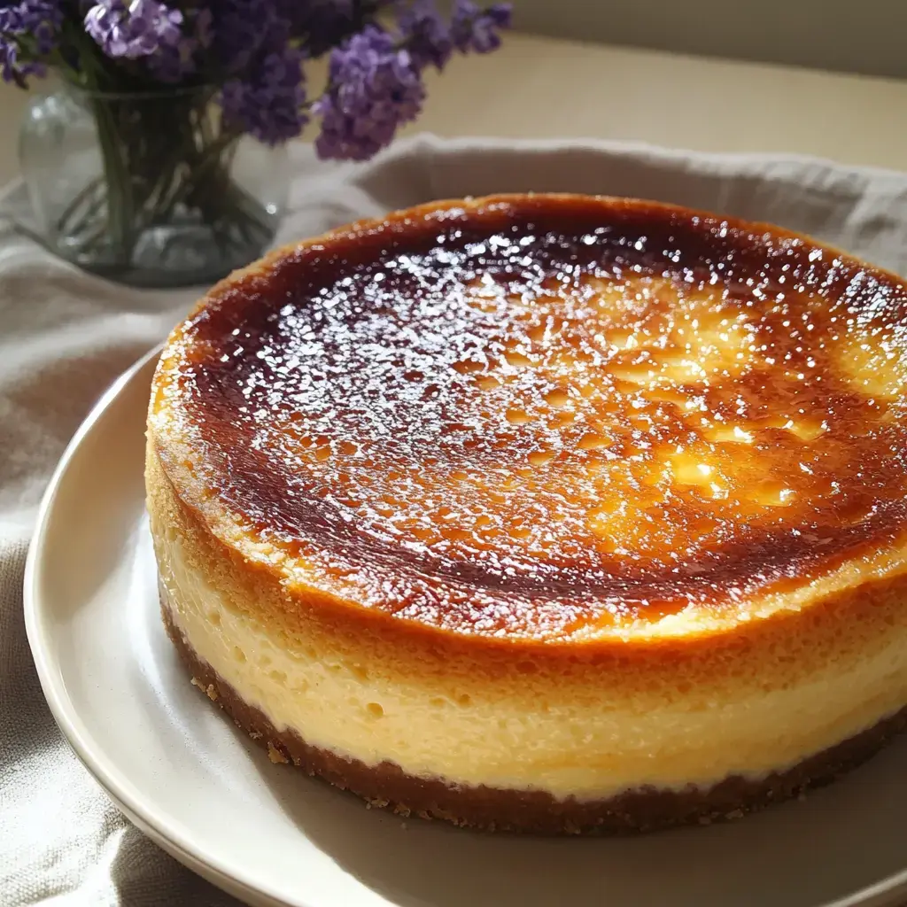 Un gâteau au fromage parfaitement cuit, saupoudré de sucre glace, présenté sur une assiette à côté d'un bouquet de fleurs violettes.