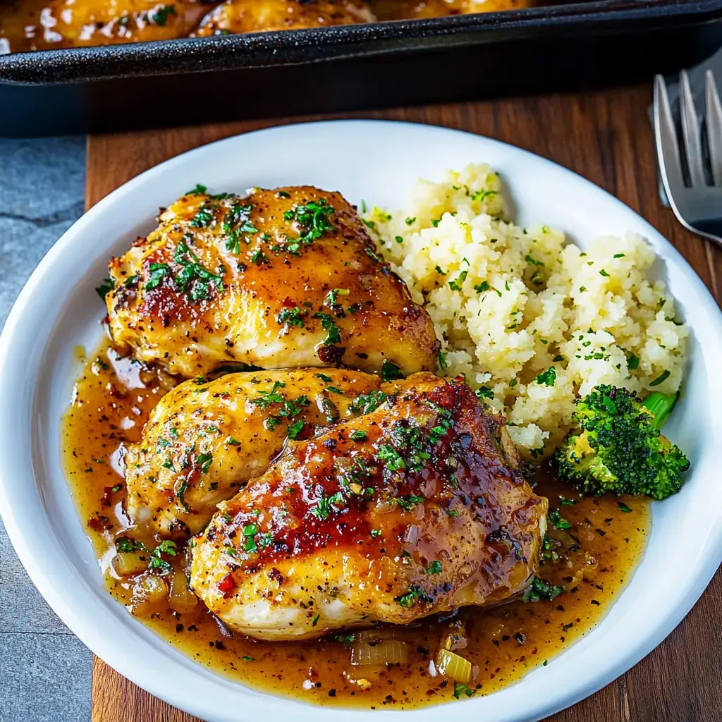 Une assiette de cuisses de poulet glacées garnies d'herbes, servies avec du couscous moelleux et du brocoli.