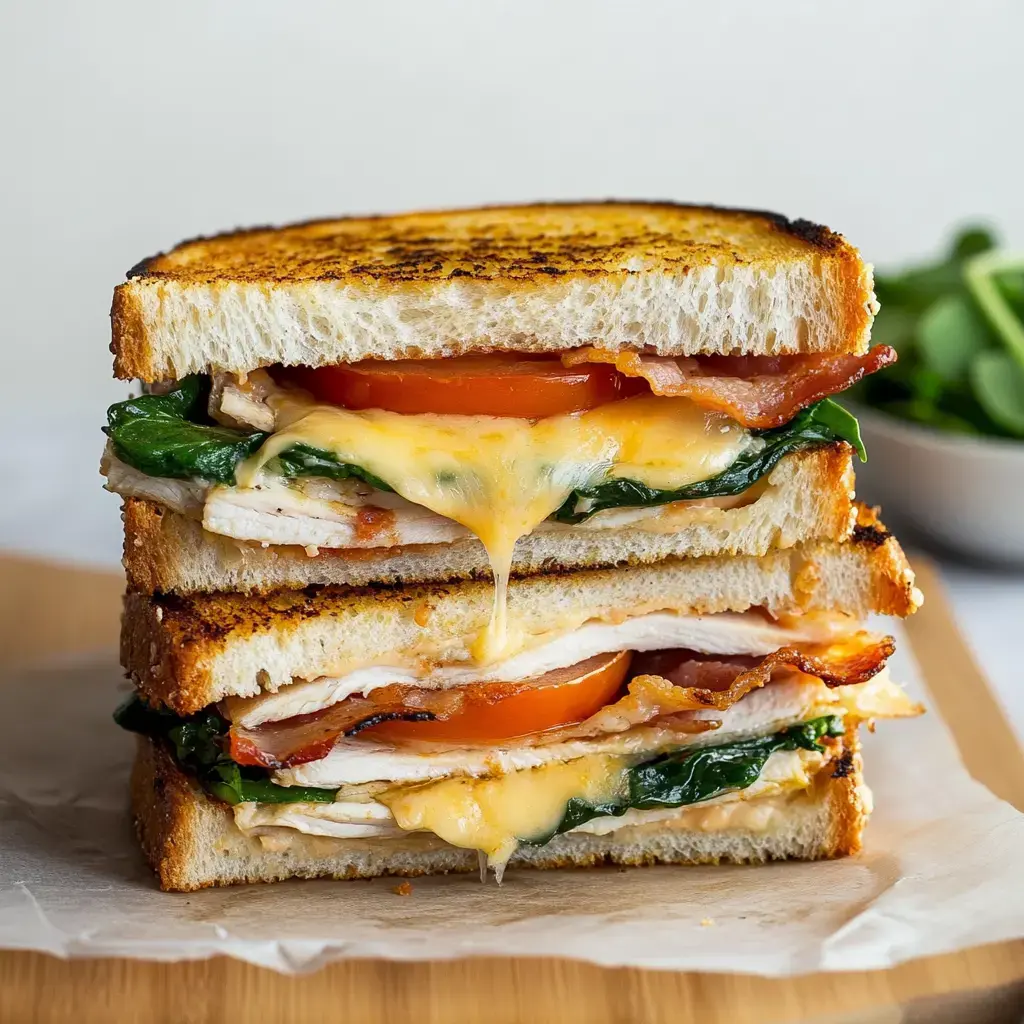 Un sandwich garni de dinde, épinards, tomate, bacon et fromage fondu, servi sur du pain grillé.