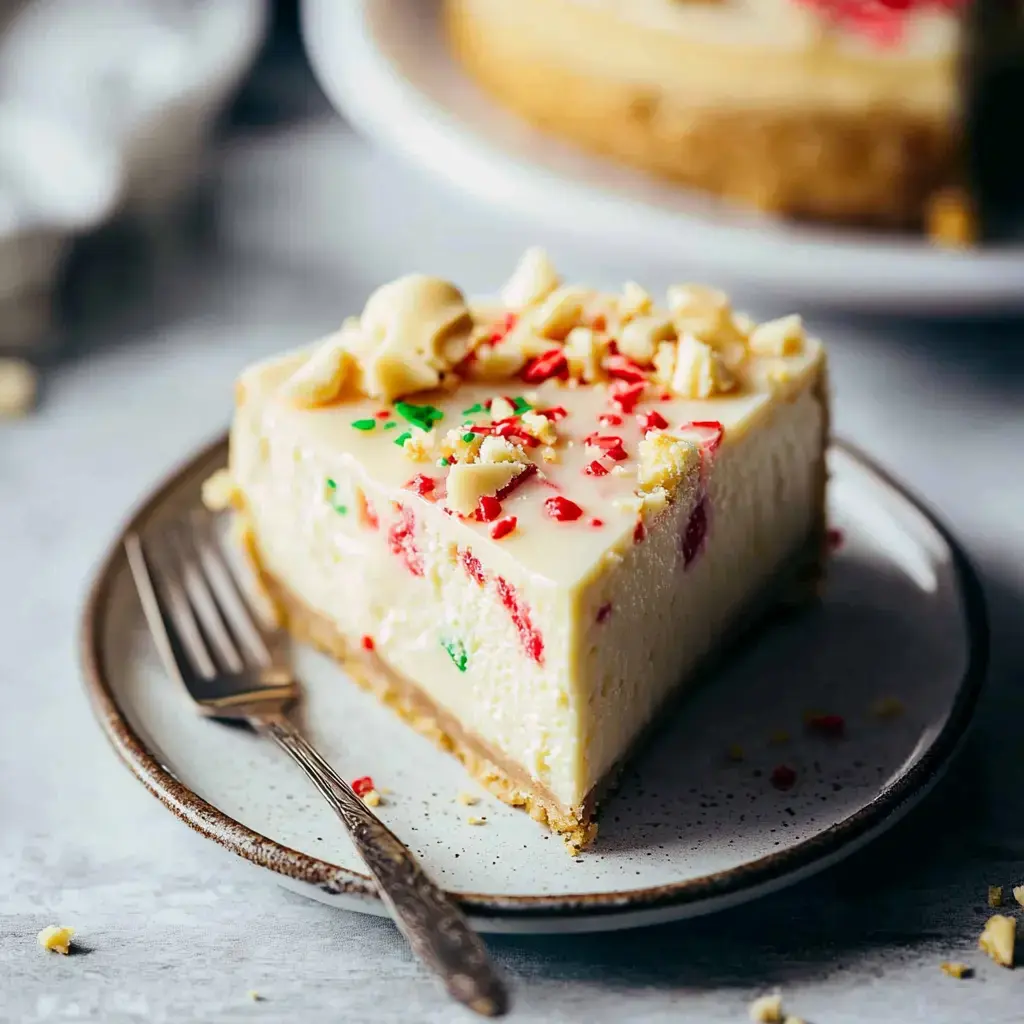 Une part de gâteau au fromage garnie de vermicelles colorés et de biscuits émiettés, présentée sur une assiette avec une fourchette à côté.