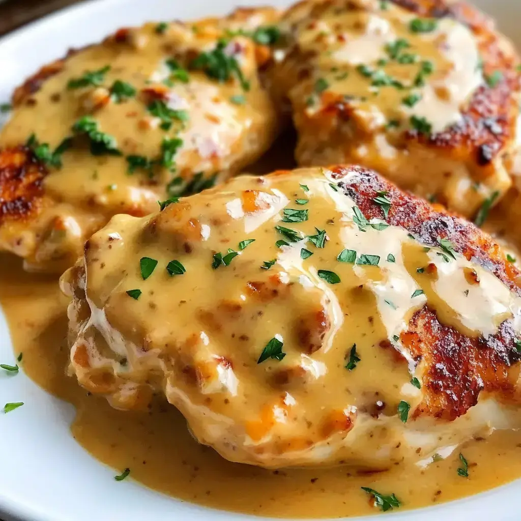 Un gros plan sur deux morceaux de poulet nappés de sauce crémeuse et garnis de persil frais sur une assiette blanche.