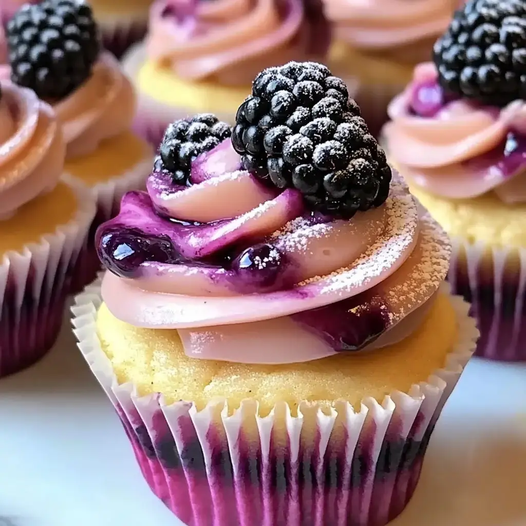 Gros plan sur de jolis petits gâteaux décorés de glaçage rose, coulis de mûres et mûres fraîches.