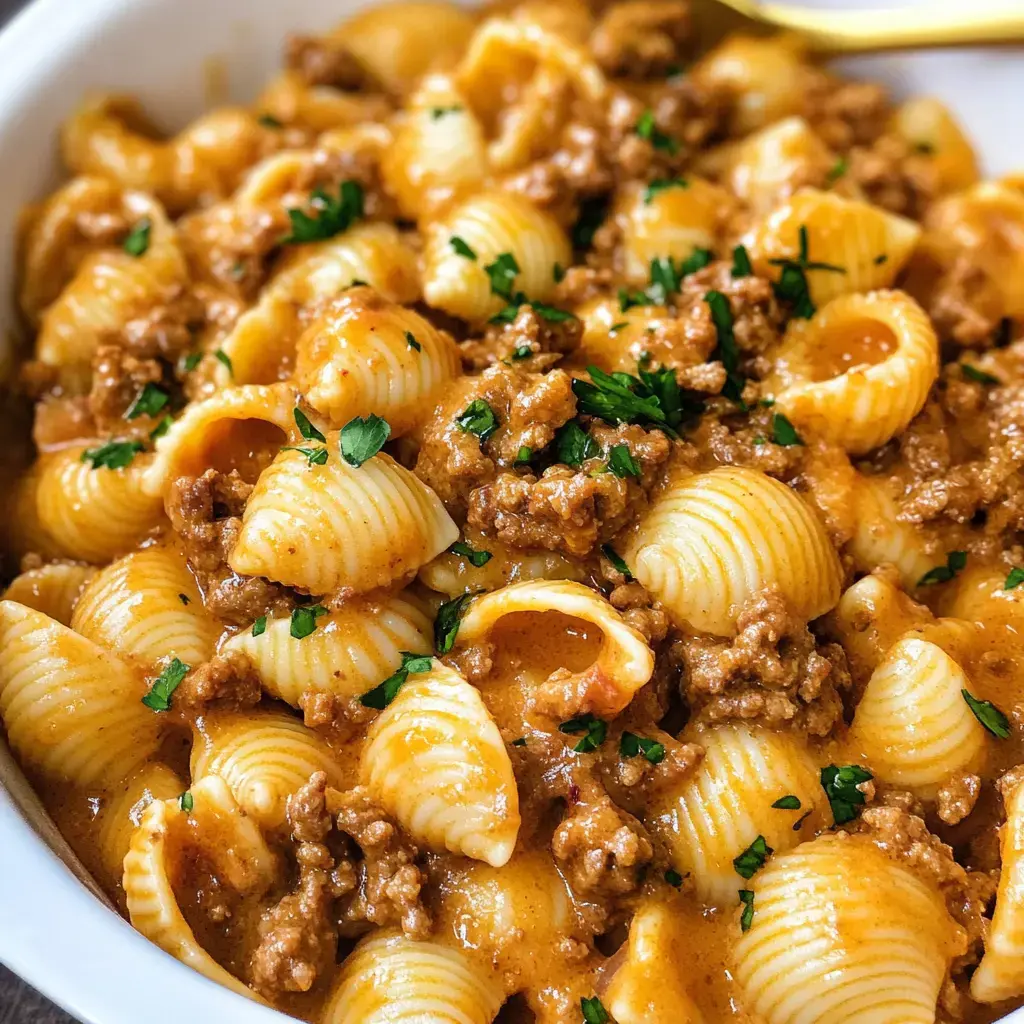 Gros plan d'un bol de pâtes crémeuses avec des coquilles et de la viande hachée, décoré avec du persil frais.