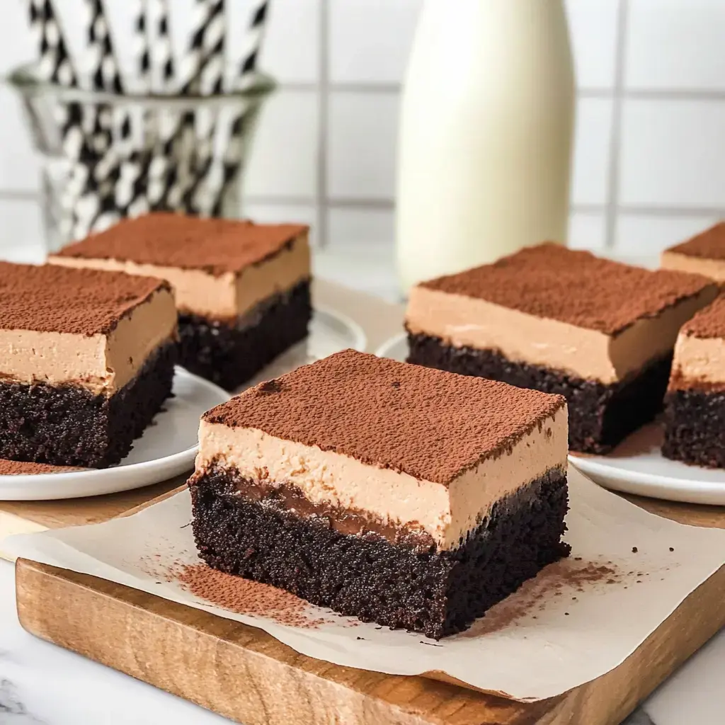 Un gros plan de carrés de dessert au chocolat coupés avec une couche crémeuse sur le dessus, saupoudrés de cacao, disposés sur une planche en bois et des assiettes blanches.