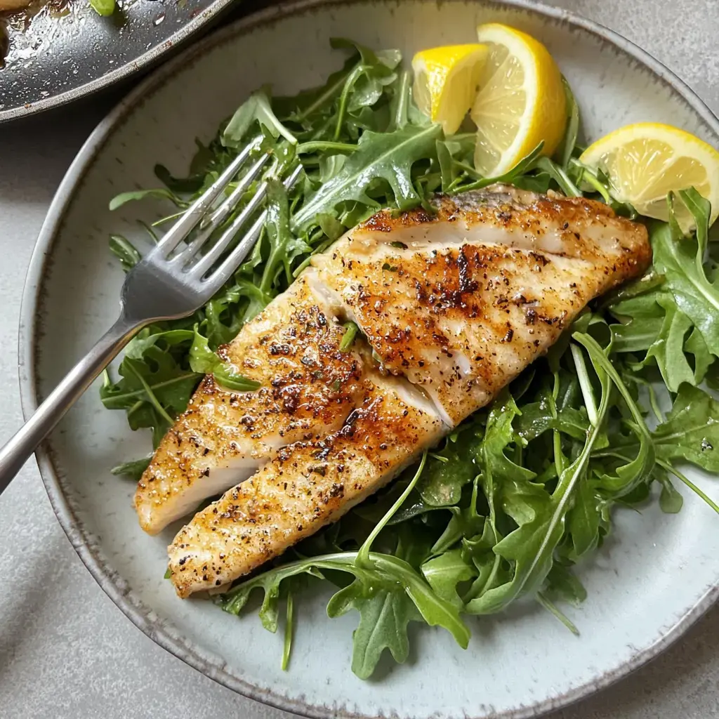 Un morceau de poisson magnifiquement présenté repose sur un lit de roquette fraîche avec des quartiers de citron sur le côté, accompagné d'une fourchette.