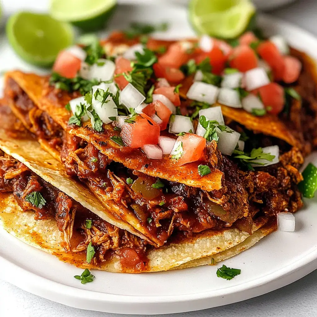 Une assiette de tortillas empilées garnies de viande effilochée, sauce, tomates en dés, oignons et coriandre, accompagnées de quartiers de citron vert.