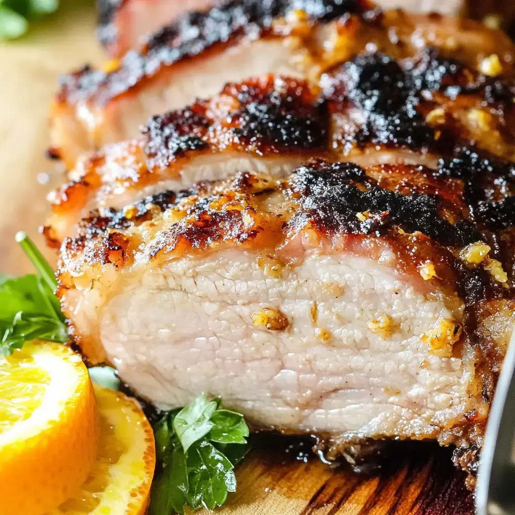 Un gros plan de tranches de porc rôti avec une croûte croustillante, des herbes et des tranches d'orange sur le côté.