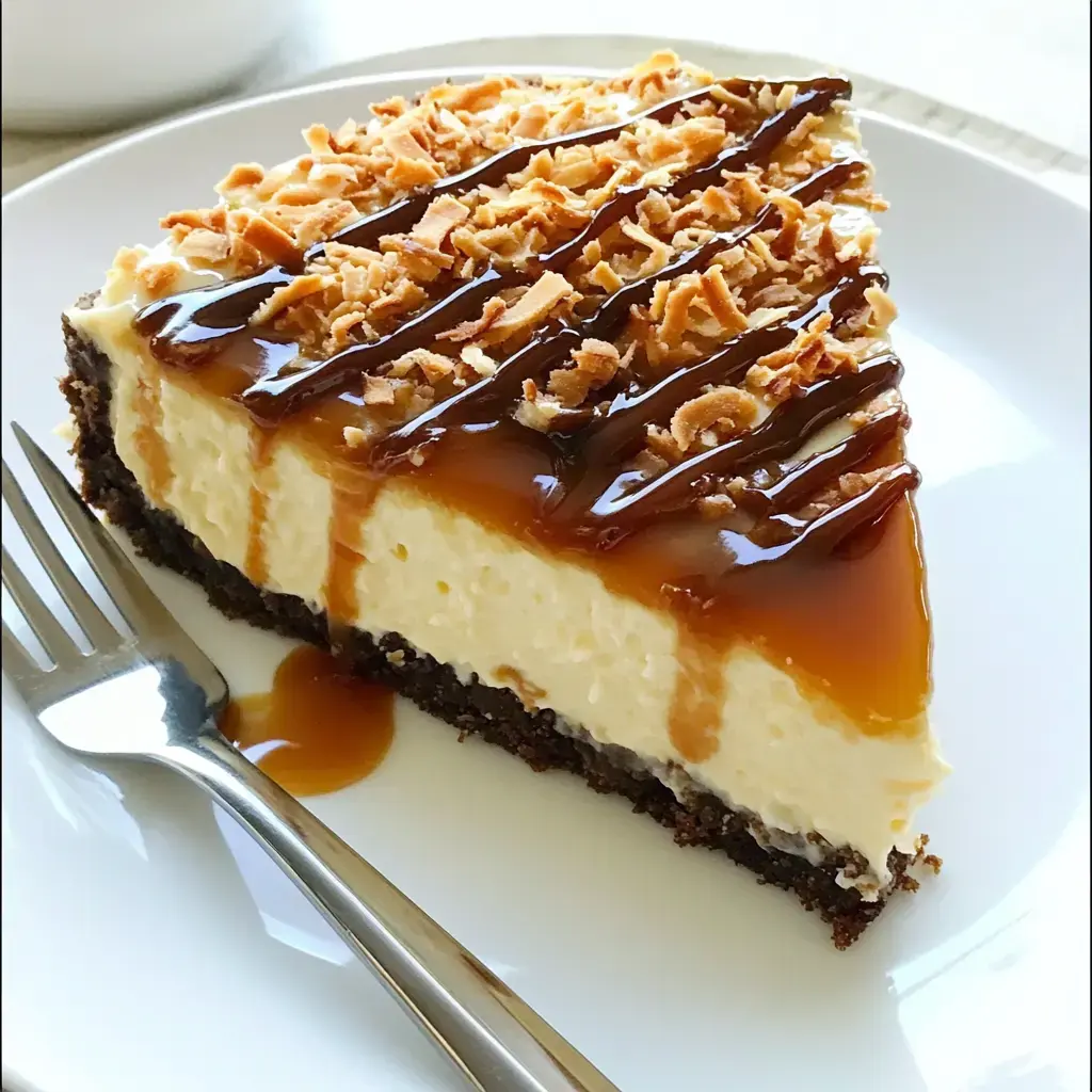 Une part de cheesecake crémeux garni de noix de coco râpée et nappé de sauce caramel, servie sur une assiette blanche avec une fourchette à côté.