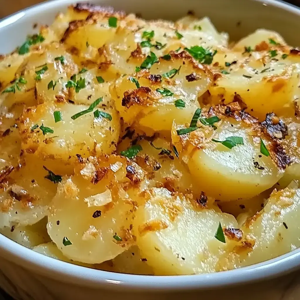 Un gros plan d'un plat de service rempli de pommes de terre gratinées crémeuses et dorées, garnies de persil finement haché.