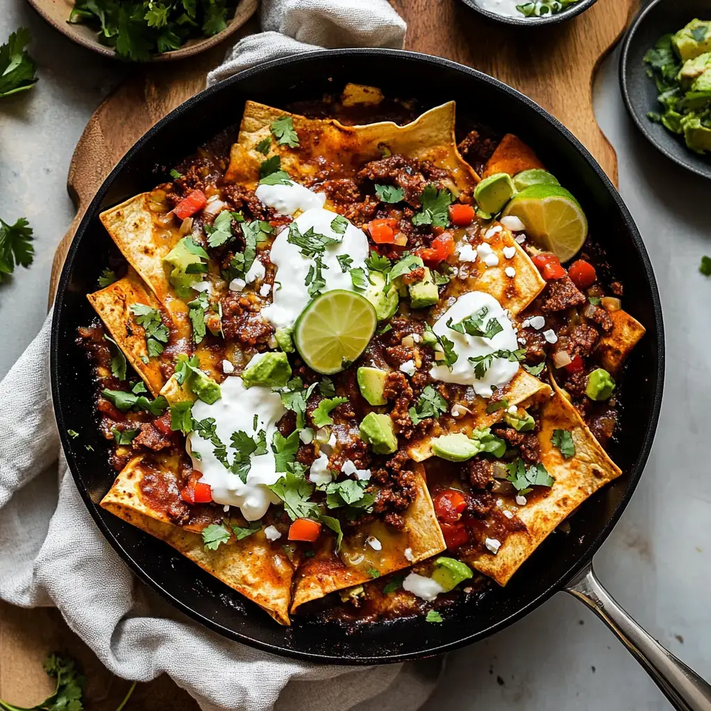 Une poêle de nachos garnie de viande hachée, tomates en dés, avocat, crème fraîche et quartiers de citron vert, décorée de coriandre fraîche.