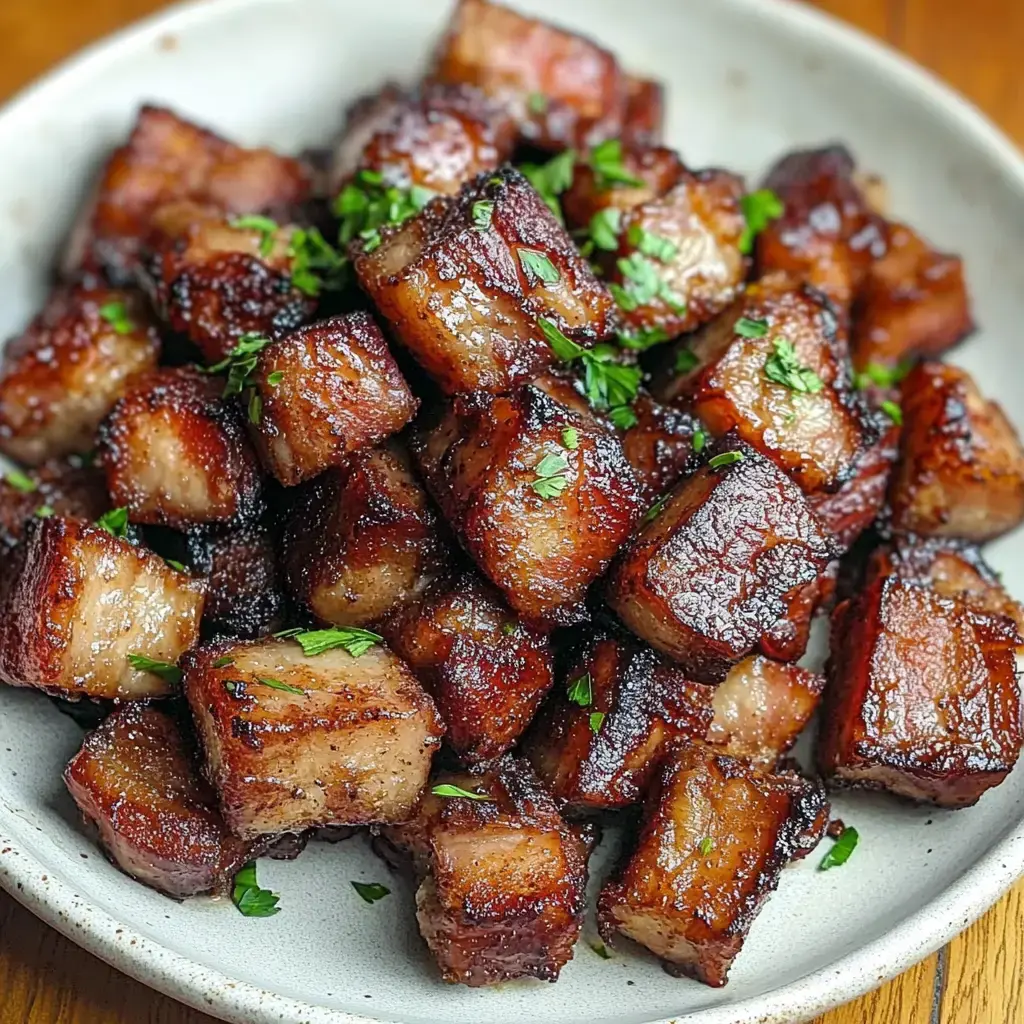 Une assiette de morceaux de ventre de porc croustillants et caramélisés garnis de persil frais.
